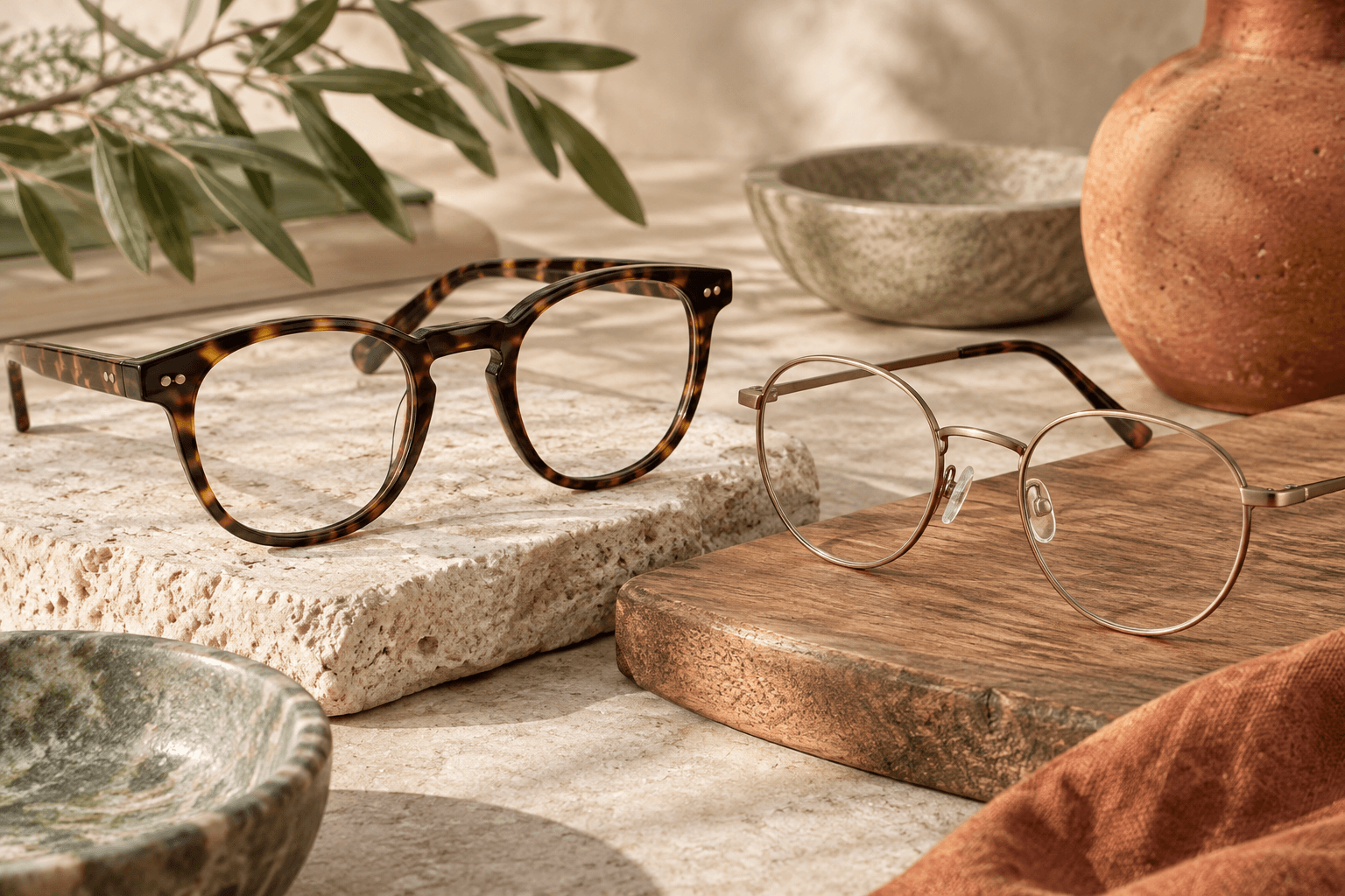 Tortoiseshell acetate optical frames beside delicate brushed metal frames on tactile wood and stone surfaces.