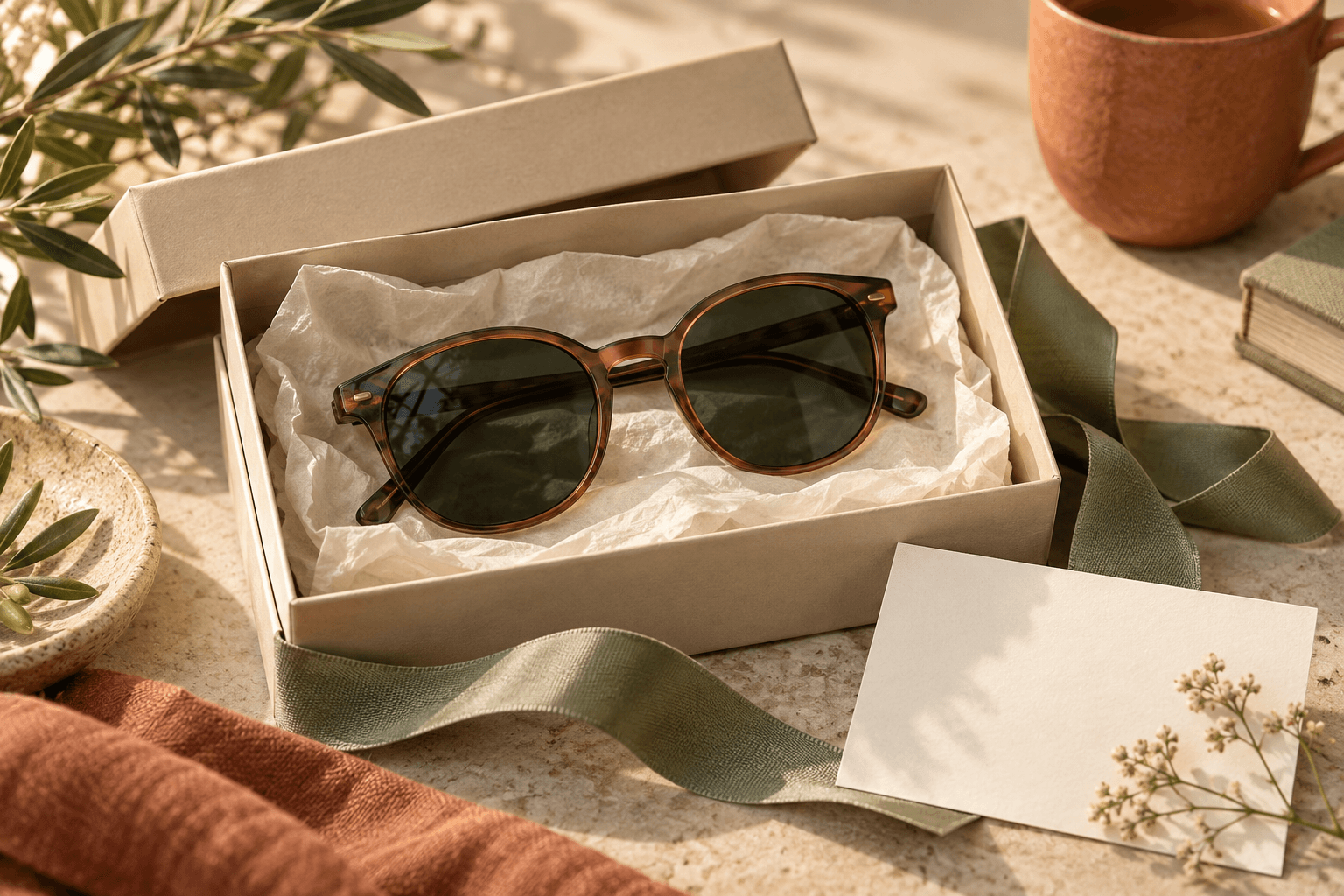 Elegant unbranded sunglasses in an open plain gift box with a muted ribbon and blank handwritten-style card.