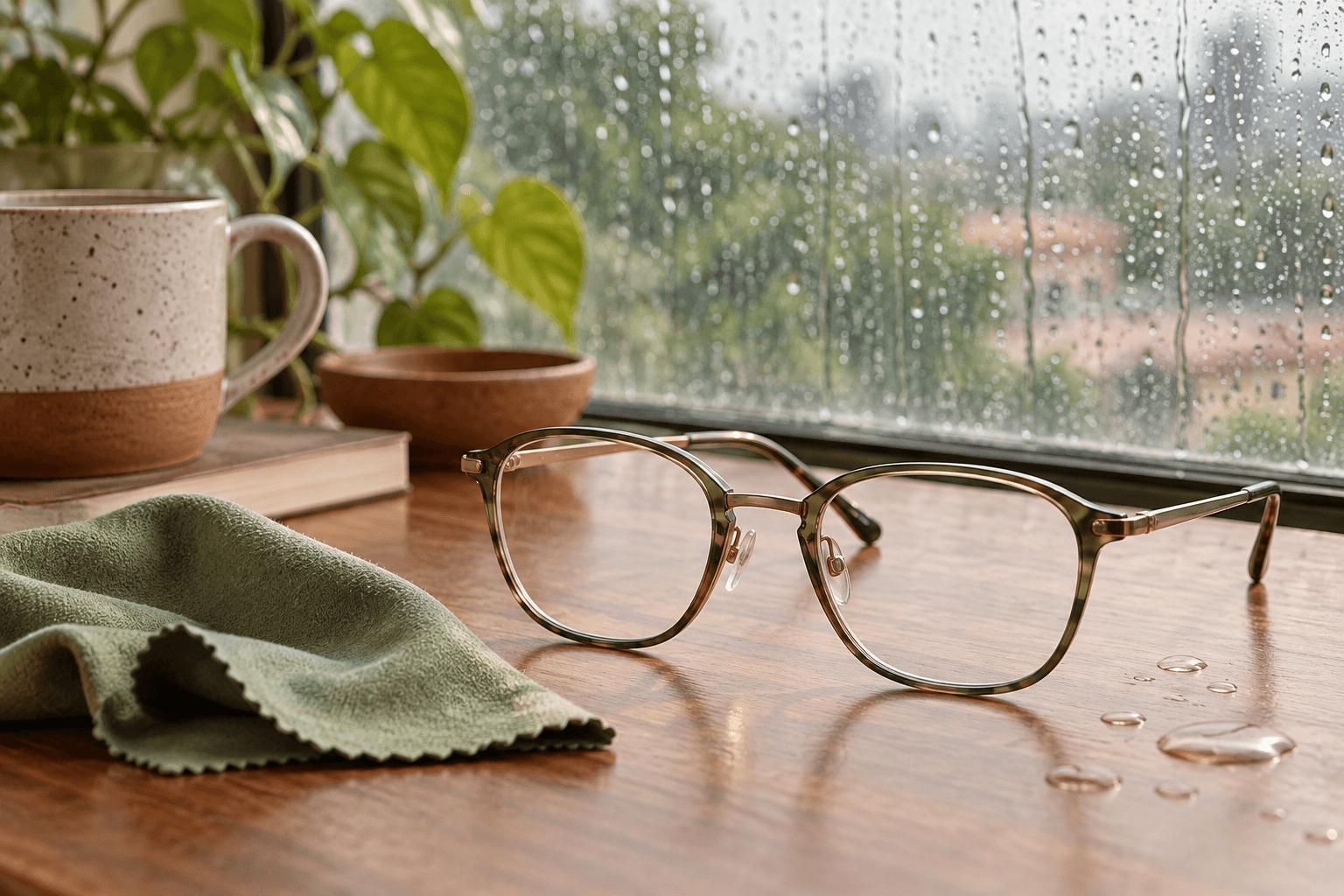 Optical glasses and a clean microfiber cloth beside water droplets near a rain-streaked window in soft monsoon light.
