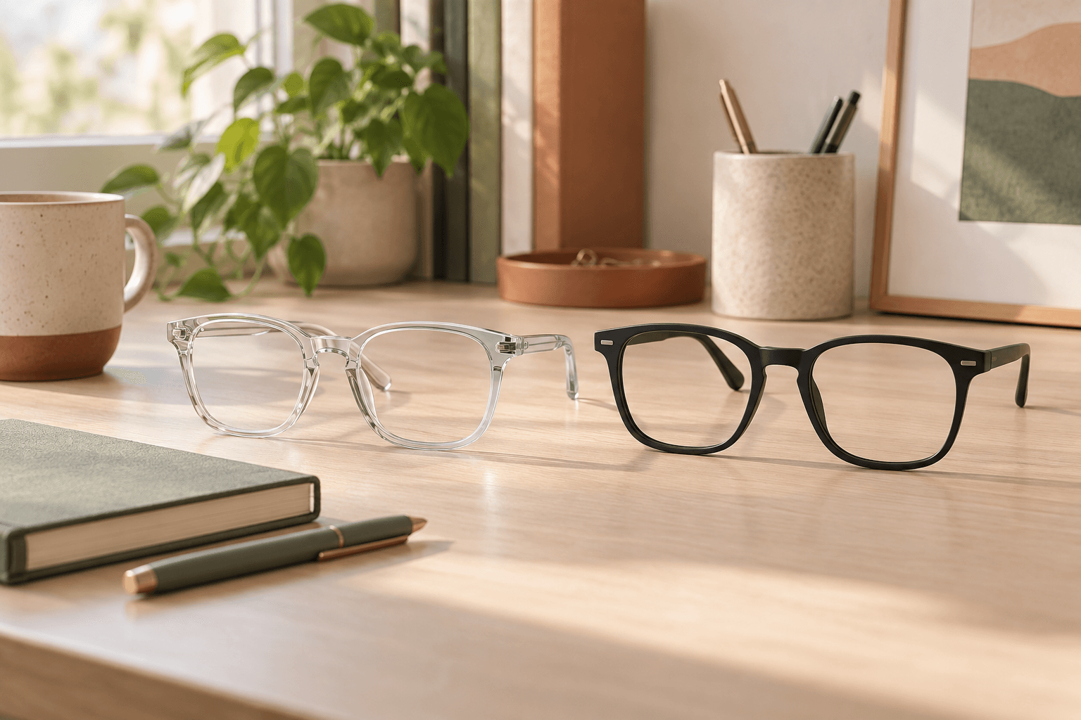 Clear and black optical frames beside a closed notebook on an office desk.