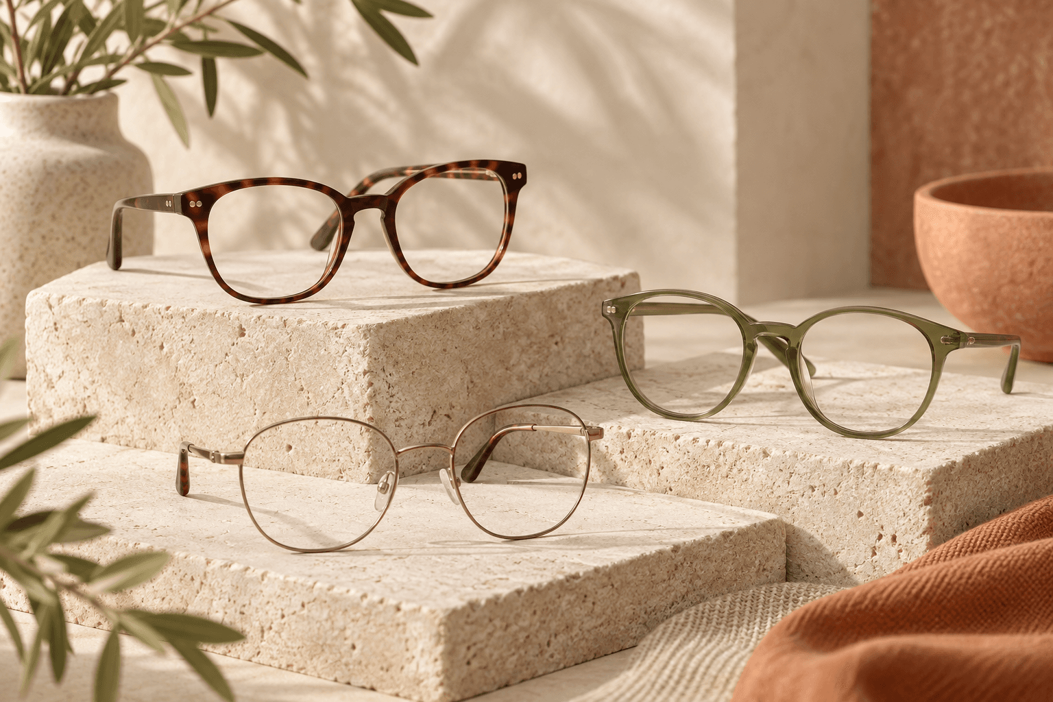 Three everyday optical frames arranged on pale sand display blocks.