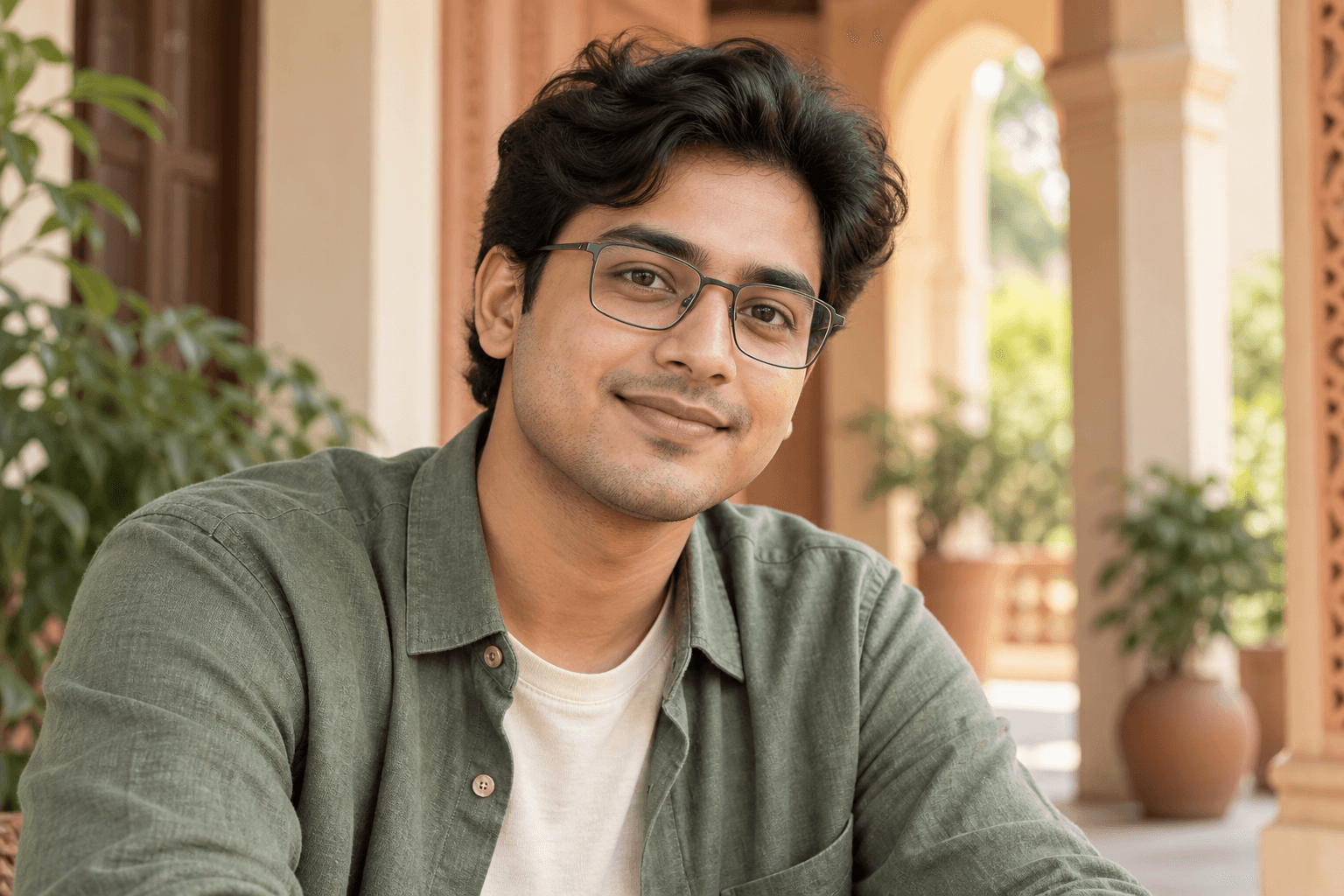 A young Bangladeshi adult with a rounded face wearing slim rectangular glasses outdoors.