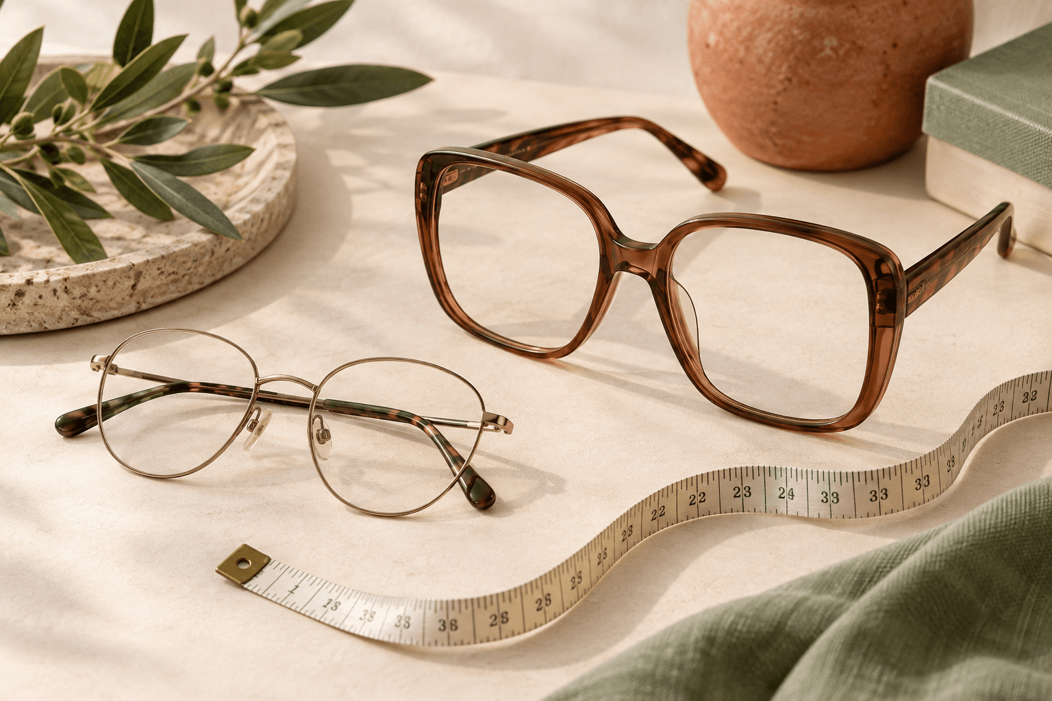 Narrow and oversized optical frames beside a curved measuring tape on an ivory surface.