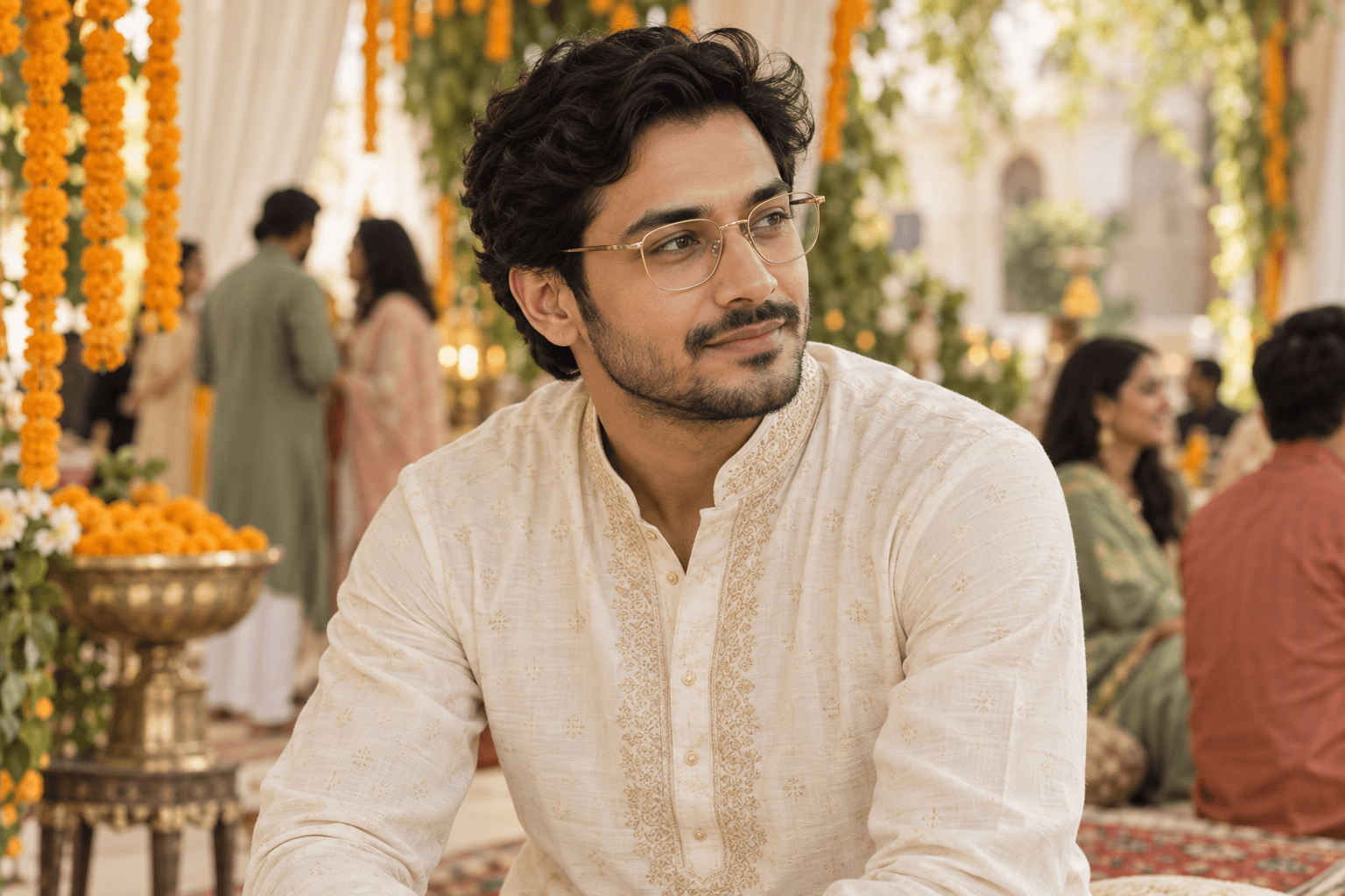 Wedding guest wearing a cream panjabi and slim gold-toned optical glasses with marigolds softly blurred behind them.