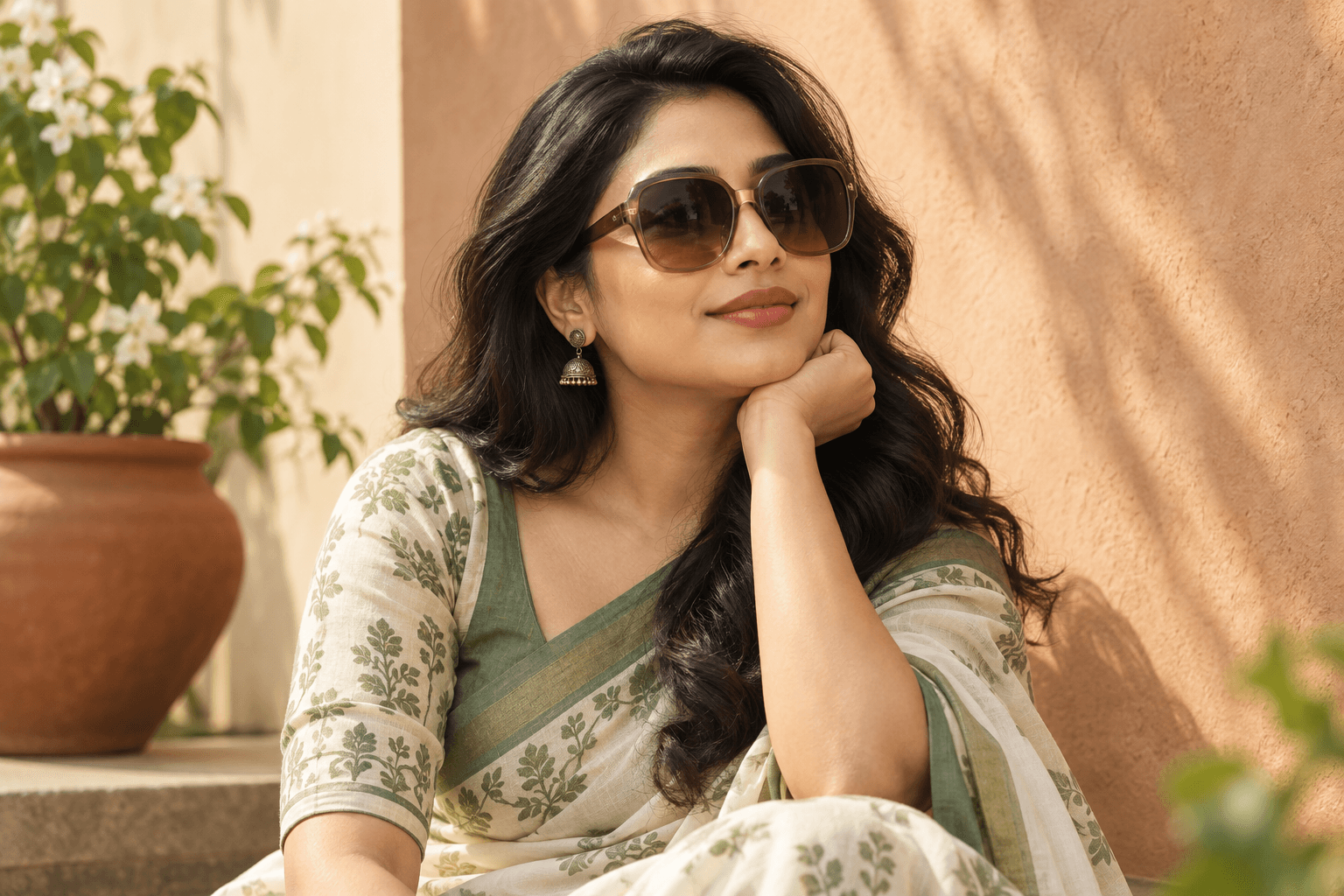 Adult wearing well-proportioned oversized sunglasses against a simple sunlit warm wall.