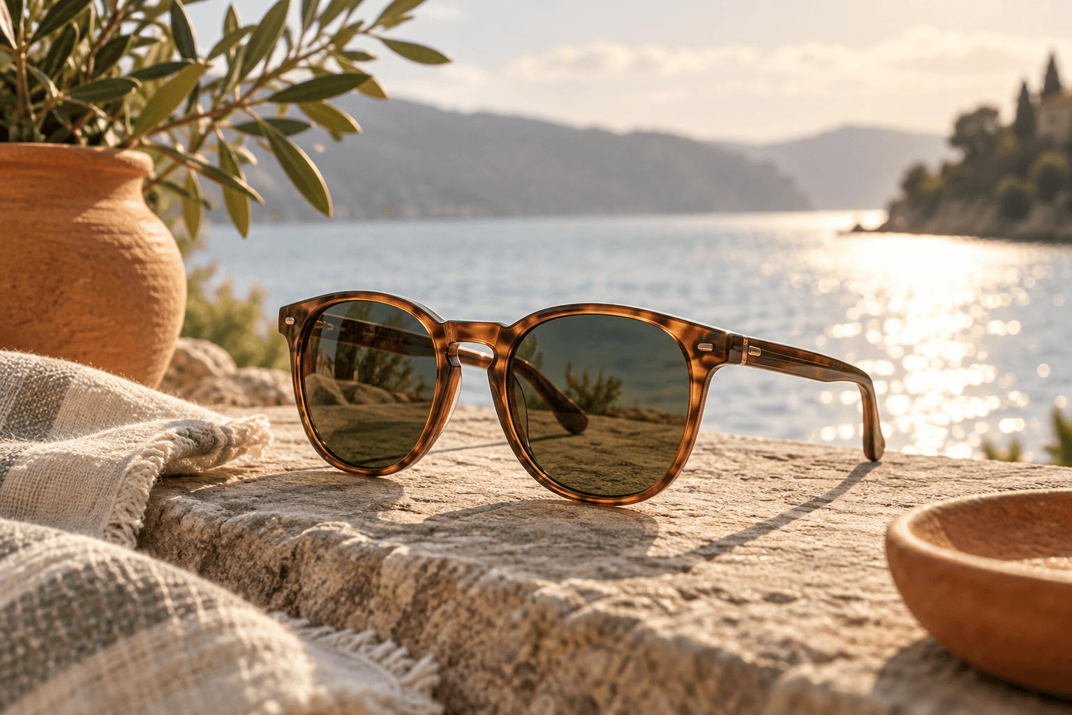 Unbranded sunglasses beside sunlit water with controlled shimmering reflections in an editorial still life.