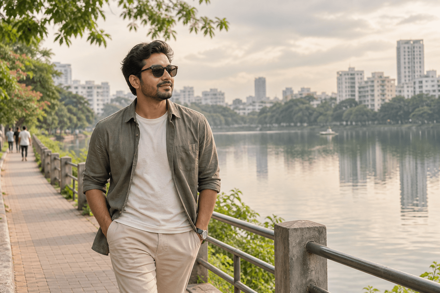 Adult wearing sunglasses walking beside a Dhaka lakeside beneath a softly overcast sky.