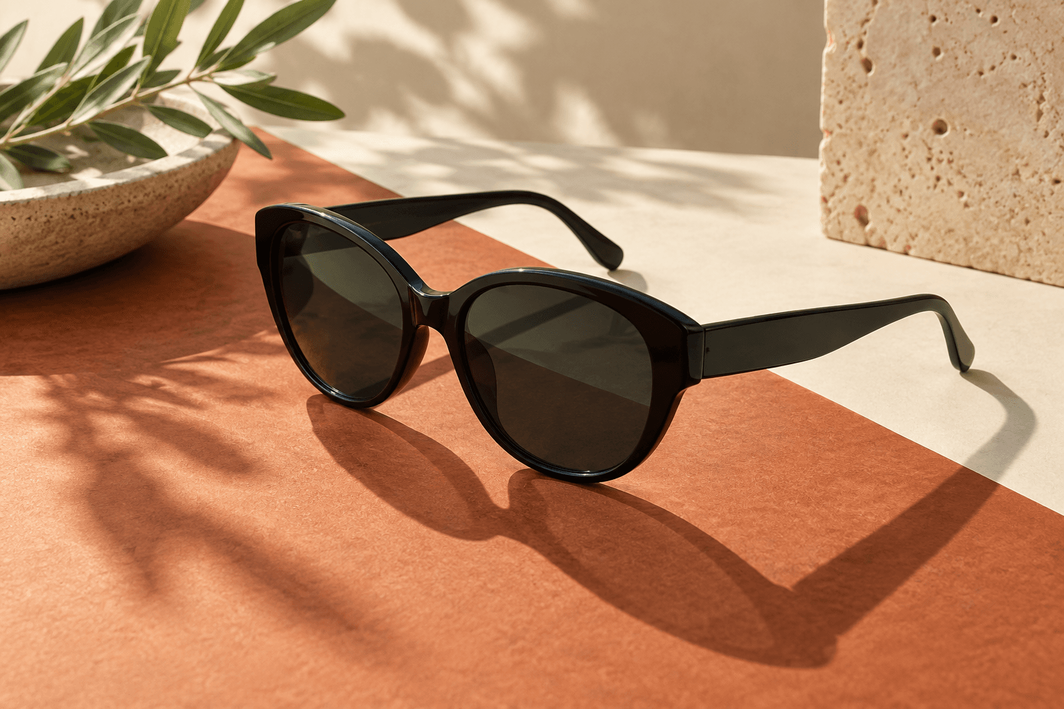 Black sunglasses casting a strong shadow across terracotta and cream surfaces.