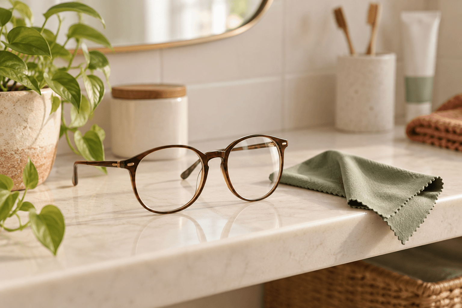 Eyeglass lens and microfiber cloth on a clean bathroom shelf, with an unbranded toothpaste tube out of focus in the background.