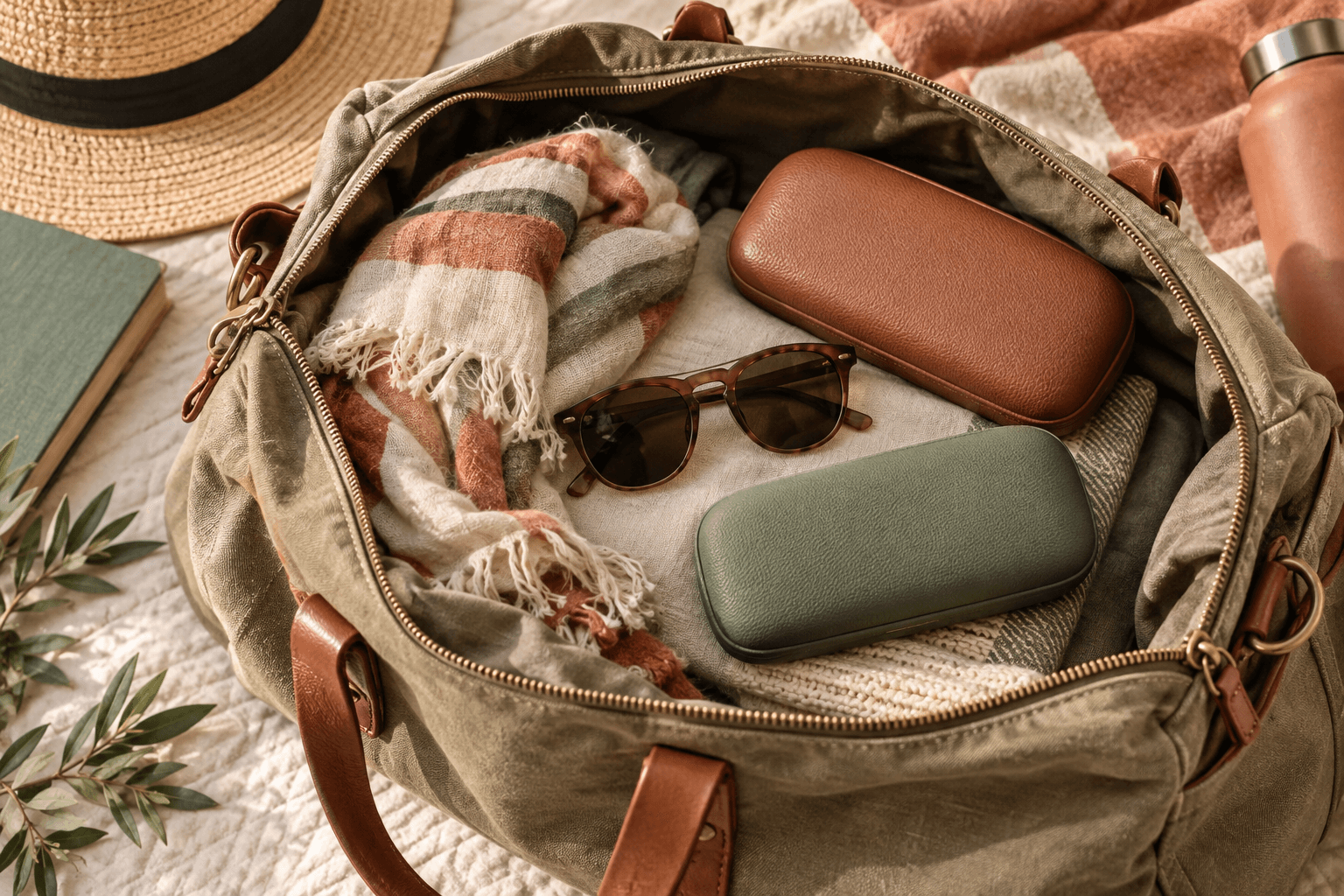 Open weekend travel bag containing two protective eyewear cases, sunglasses and a folded cotton scarf in warm overhead light.