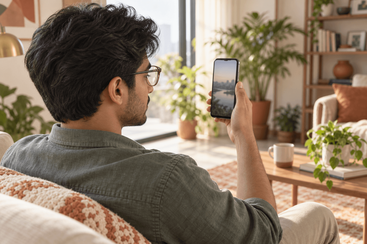 A young Bangladeshi adult holding a phone at eye level to preview glasses.