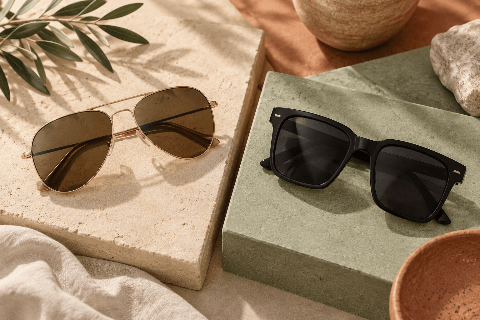 Gold-toned aviator sunglasses and black square sunglasses on adjacent sand and sage platforms, viewed from above.